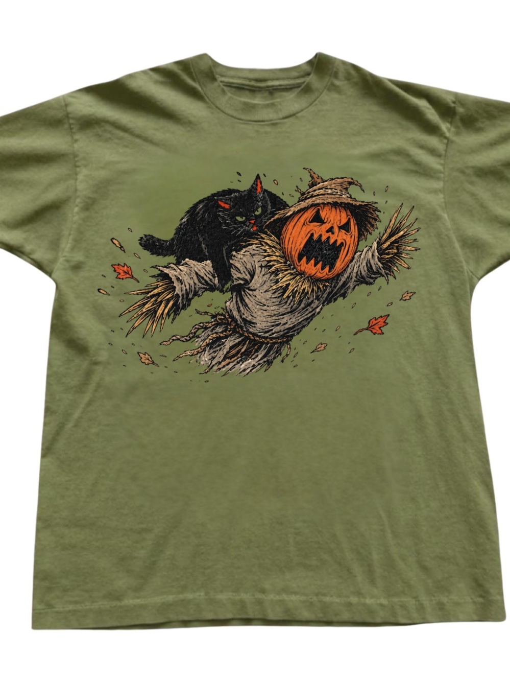 Milo Green Tee with Black Cat & Orange Jack-O'-Lantern Scarecrow Graphic